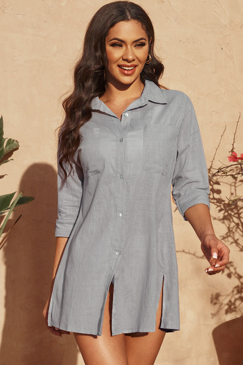 Button-Up Longline Shirt with Breast Pockets, 3 Colors