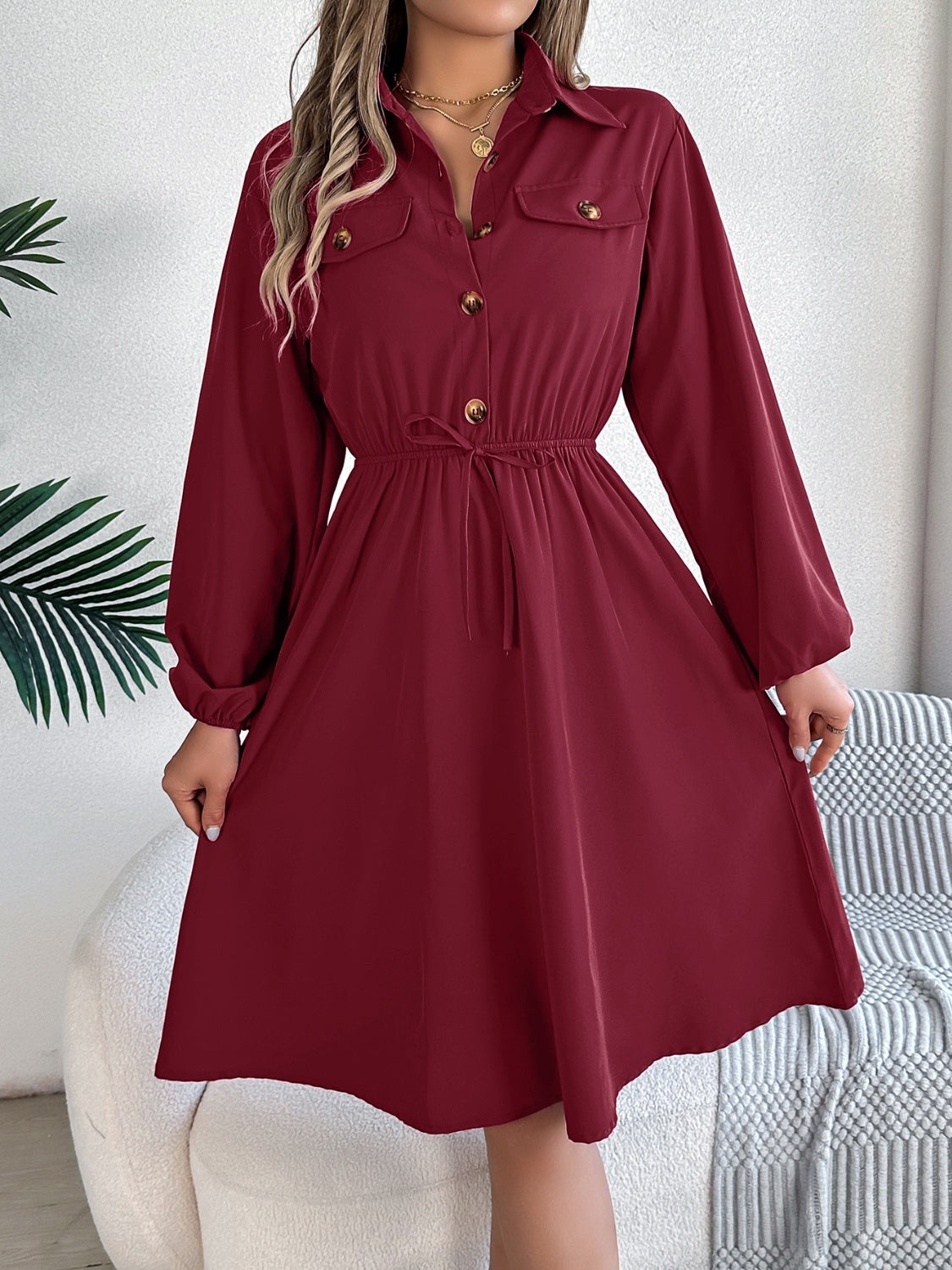 Collared Neck Long Sleeve Dress with Pockets, 5 Colors
