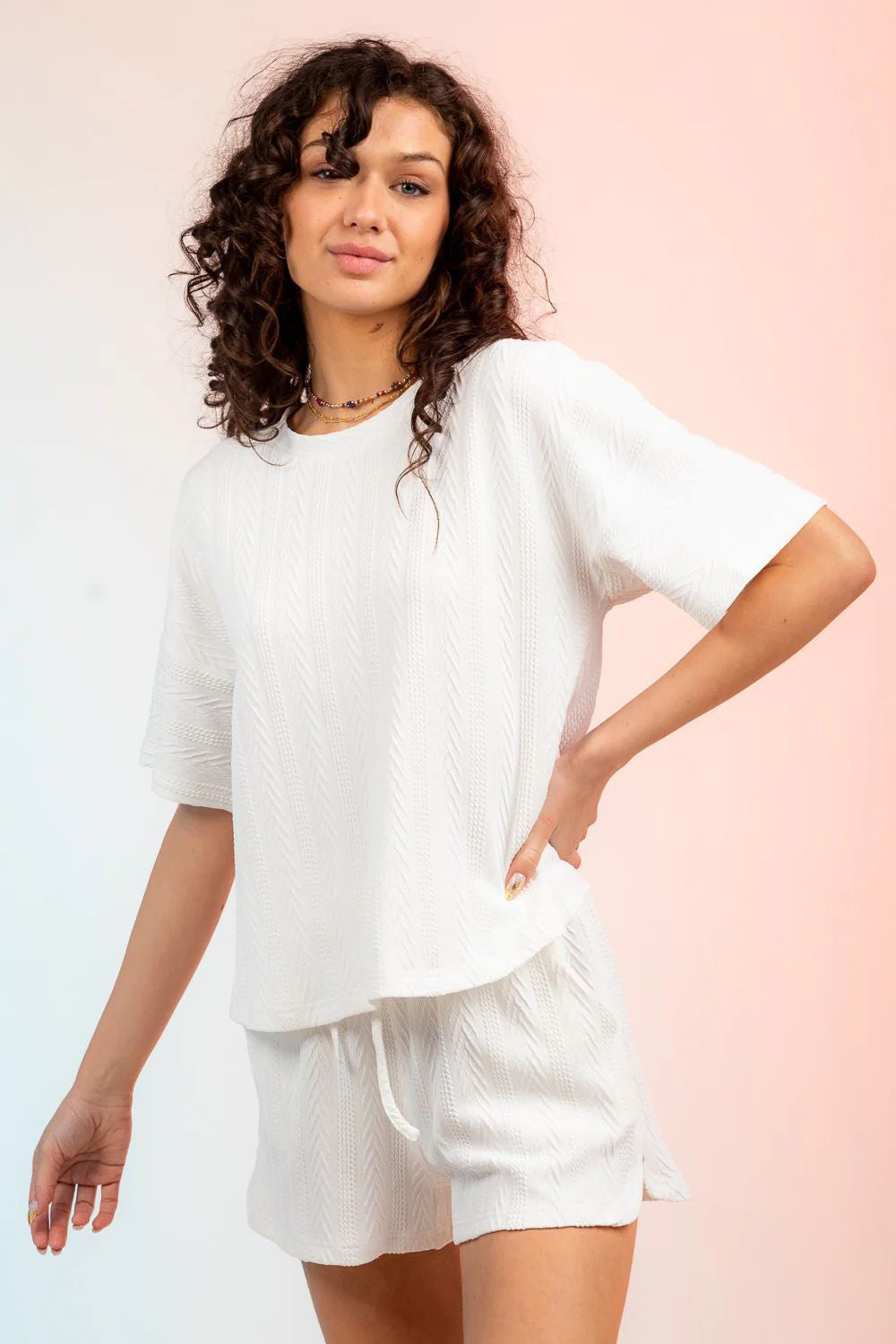 Textured Round Neck Top and Shorts Set, 4 Colors