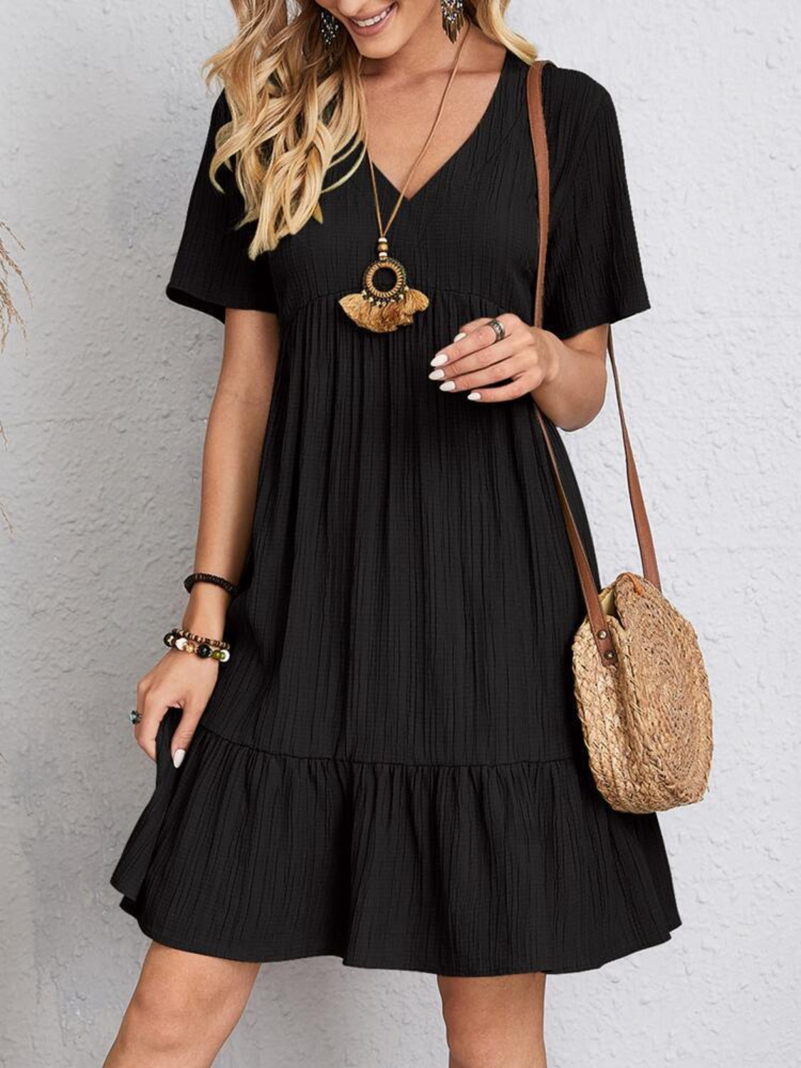 Full Size V-Neck Short Sleeve Dress, 6 Colors
