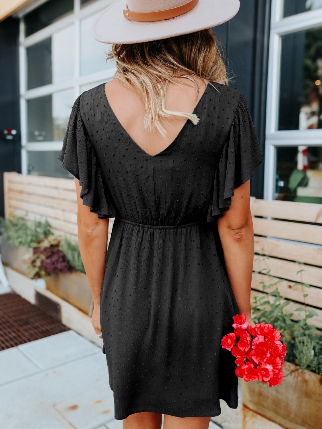 Swiss Dot V-Neck Short Sleeve Dress, 2 Colors