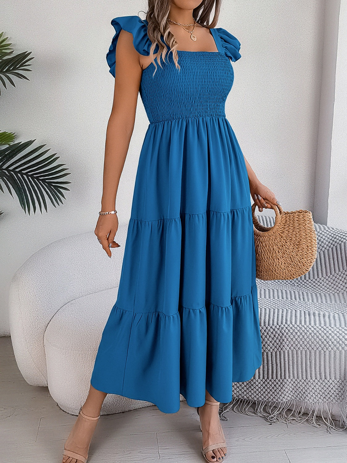 Smocked Square Neck Cap Sleeve Midi Dress, 5 Colors
