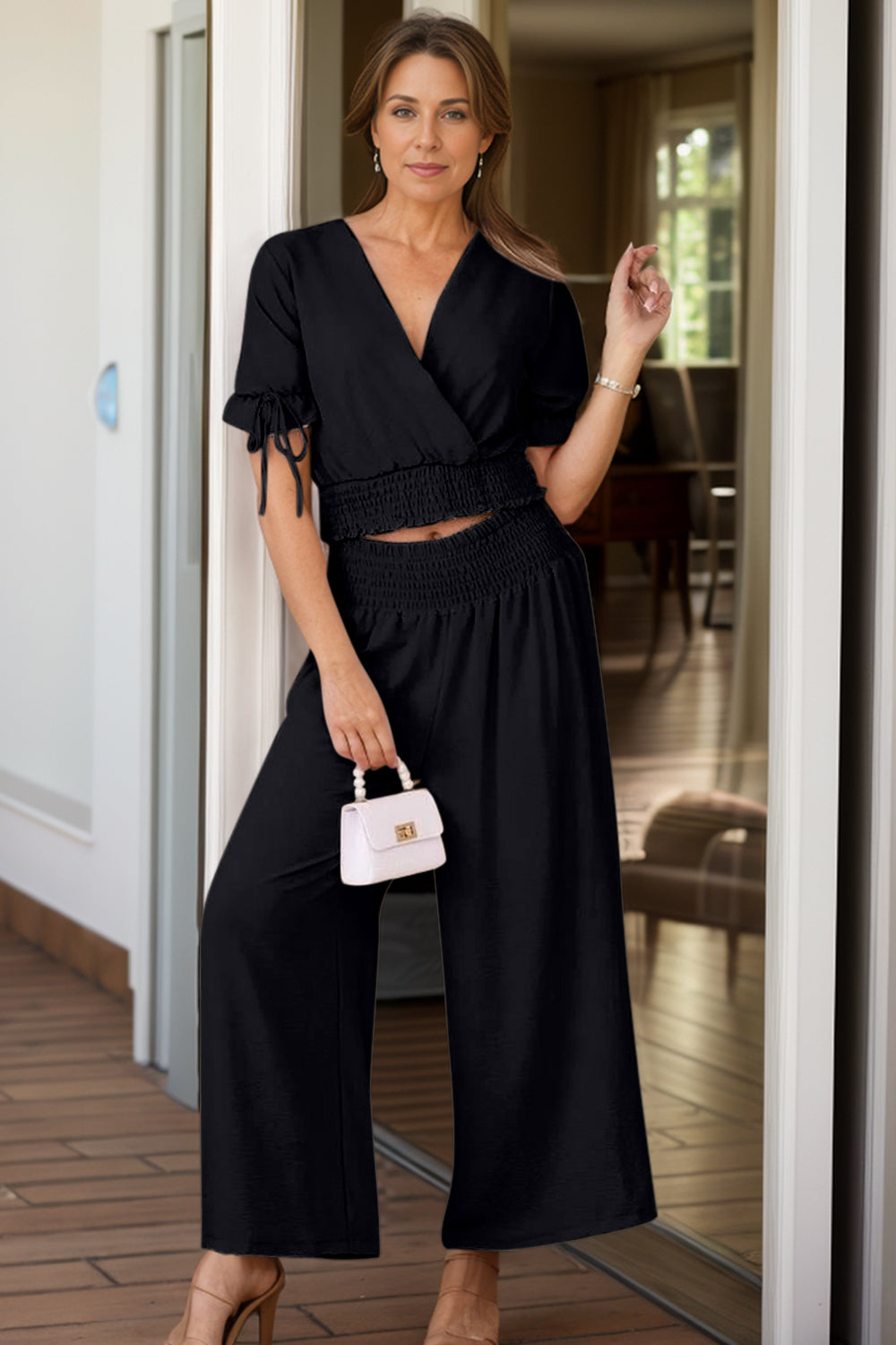 Surplice Short Sleeve Top and Pants Set, 4 Colors