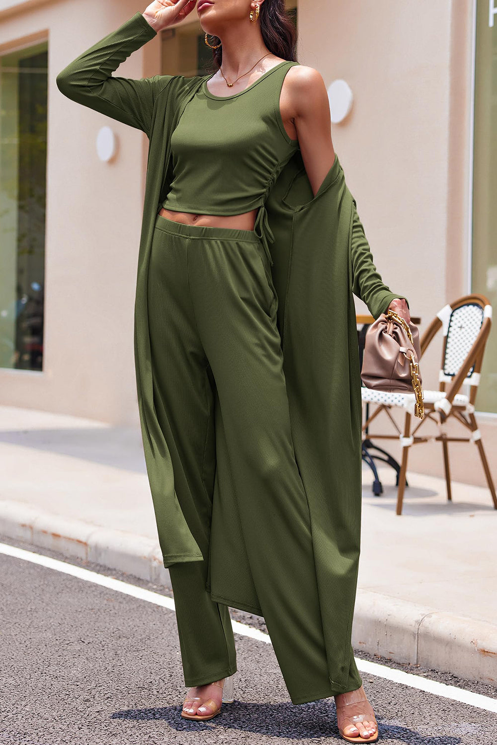 Drawstring Tank, Long Sleeve Cover Up and Pants Set, 9 Colors