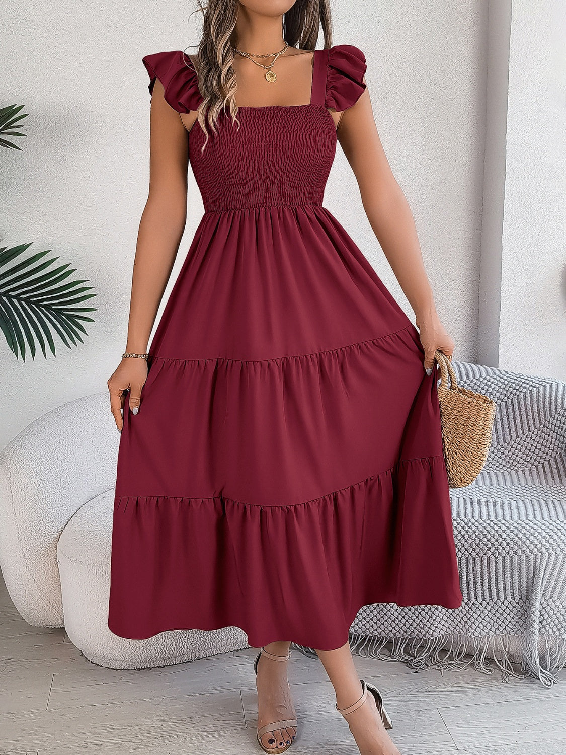 Smocked Square Neck Cap Sleeve Midi Dress, 5 Colors