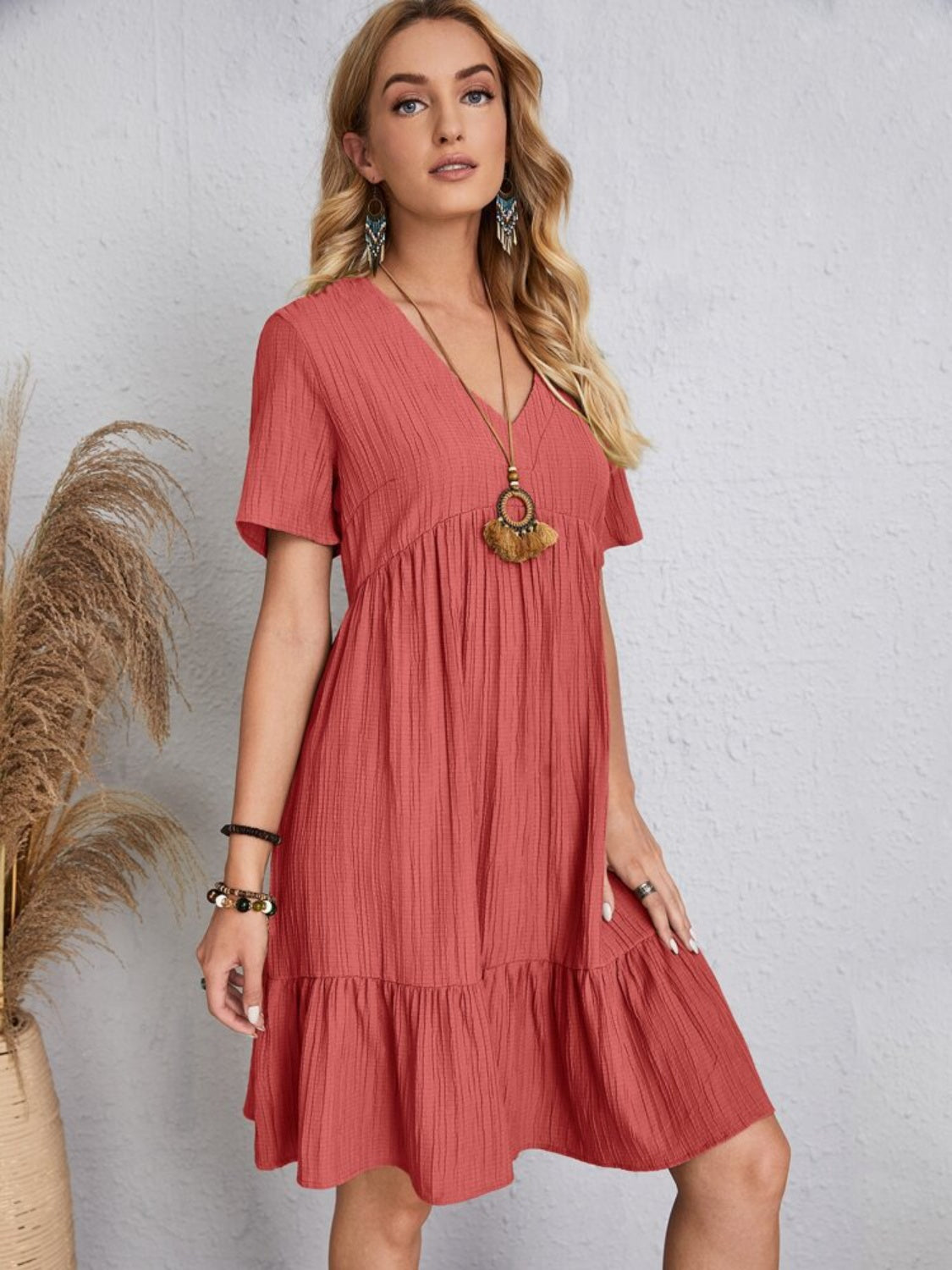 Full Size V-Neck Short Sleeve Dress, 6 Colors