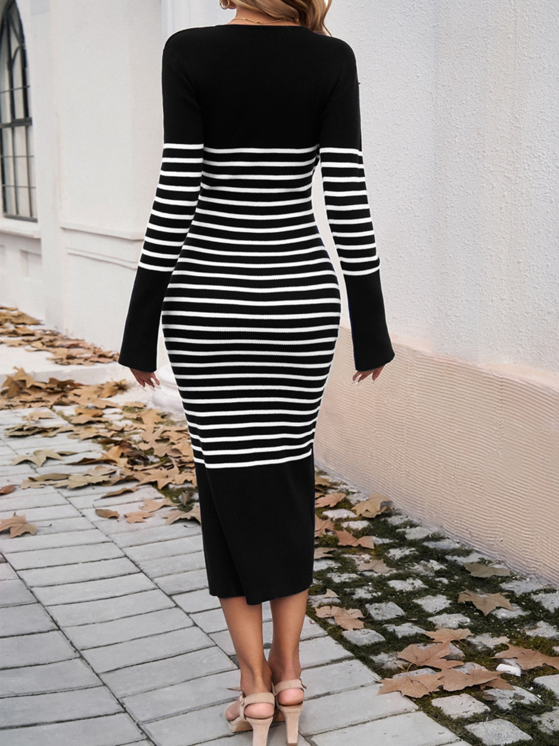 Devine Striped V-Neck Long Sleeve Sweater Dress, 5 Colors