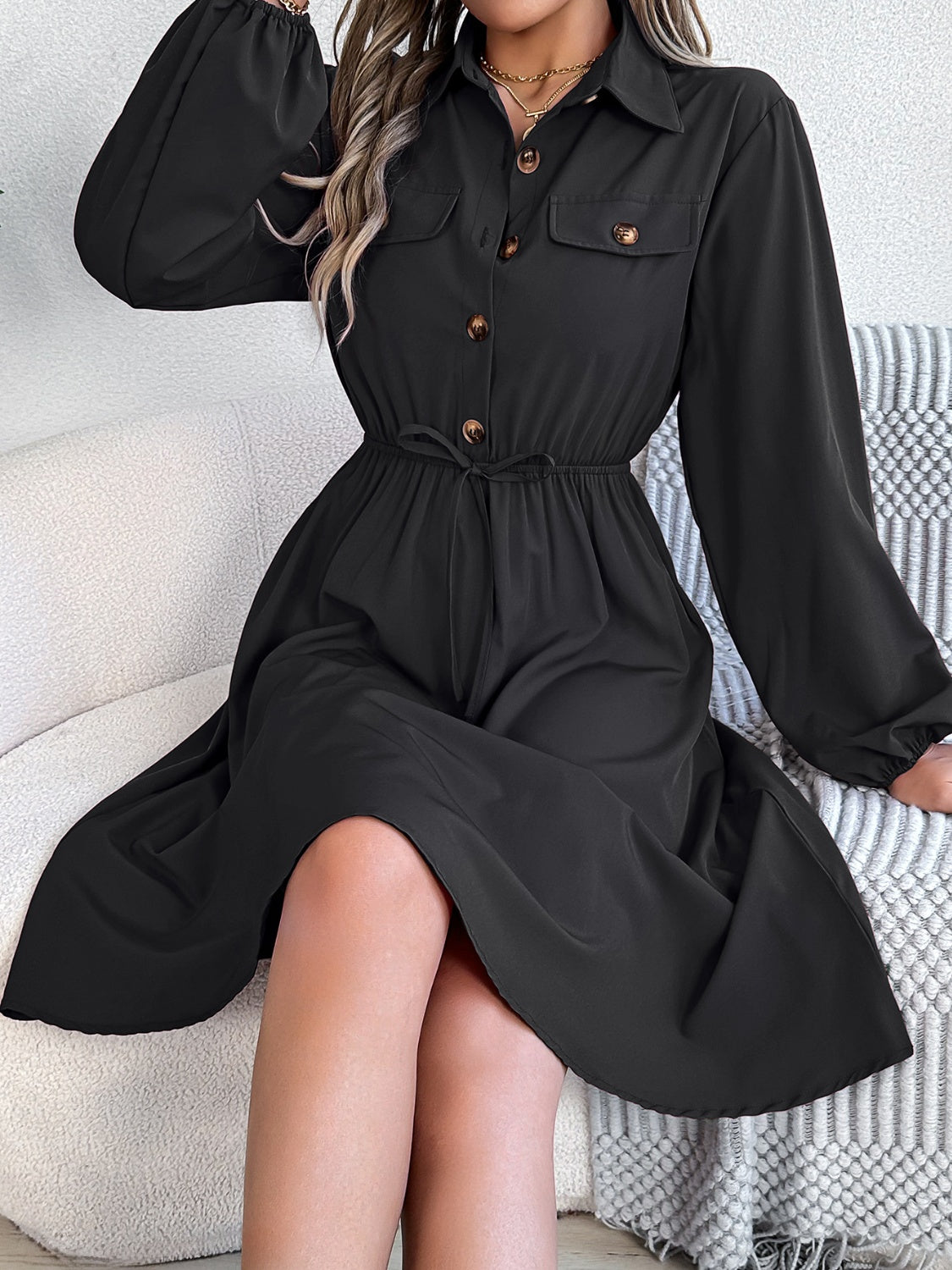 Collared Neck Long Sleeve Dress with Pockets, 5 Colors