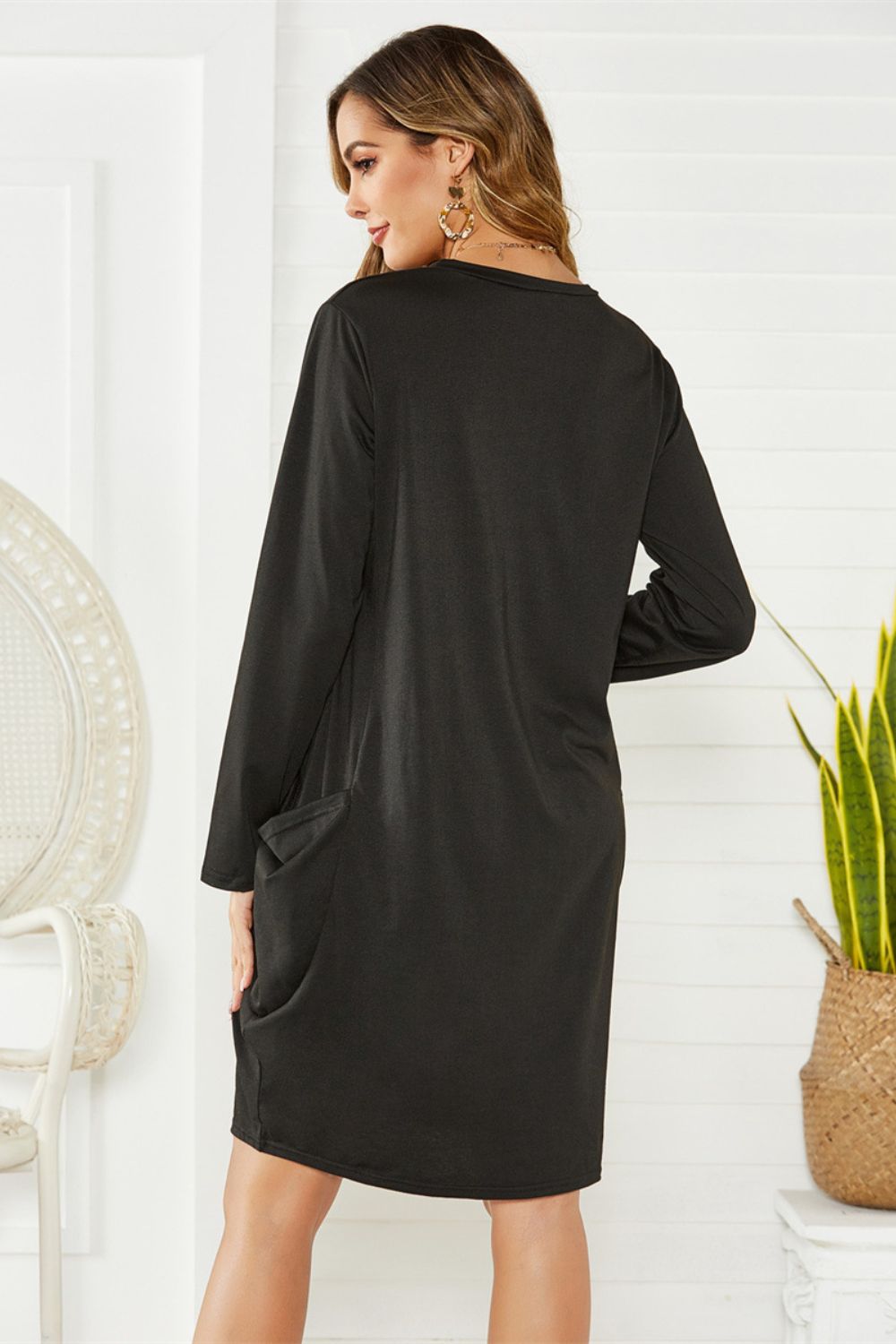 Pocketed Round Neck Long Sleeve Dress, 2 Colors