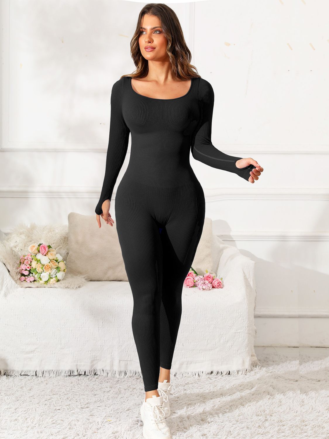 Scoop Neck Long Sleeve Active Jumpsuit, 5 Colors