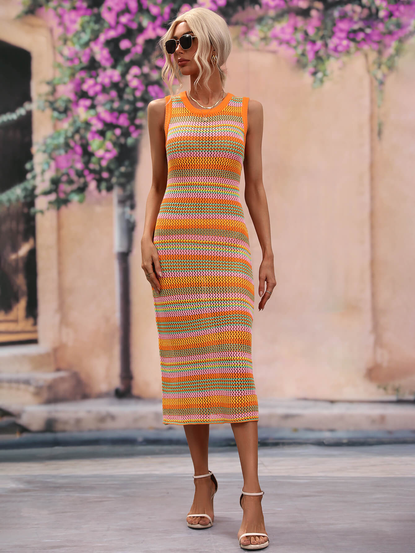 Striped Round Neck Sleeveless Midi Cover Up Dress, 4 Colors