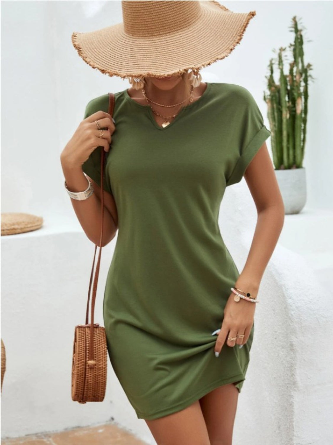 Notched Short Sleeve Mini Tee Dress, 5 Colors