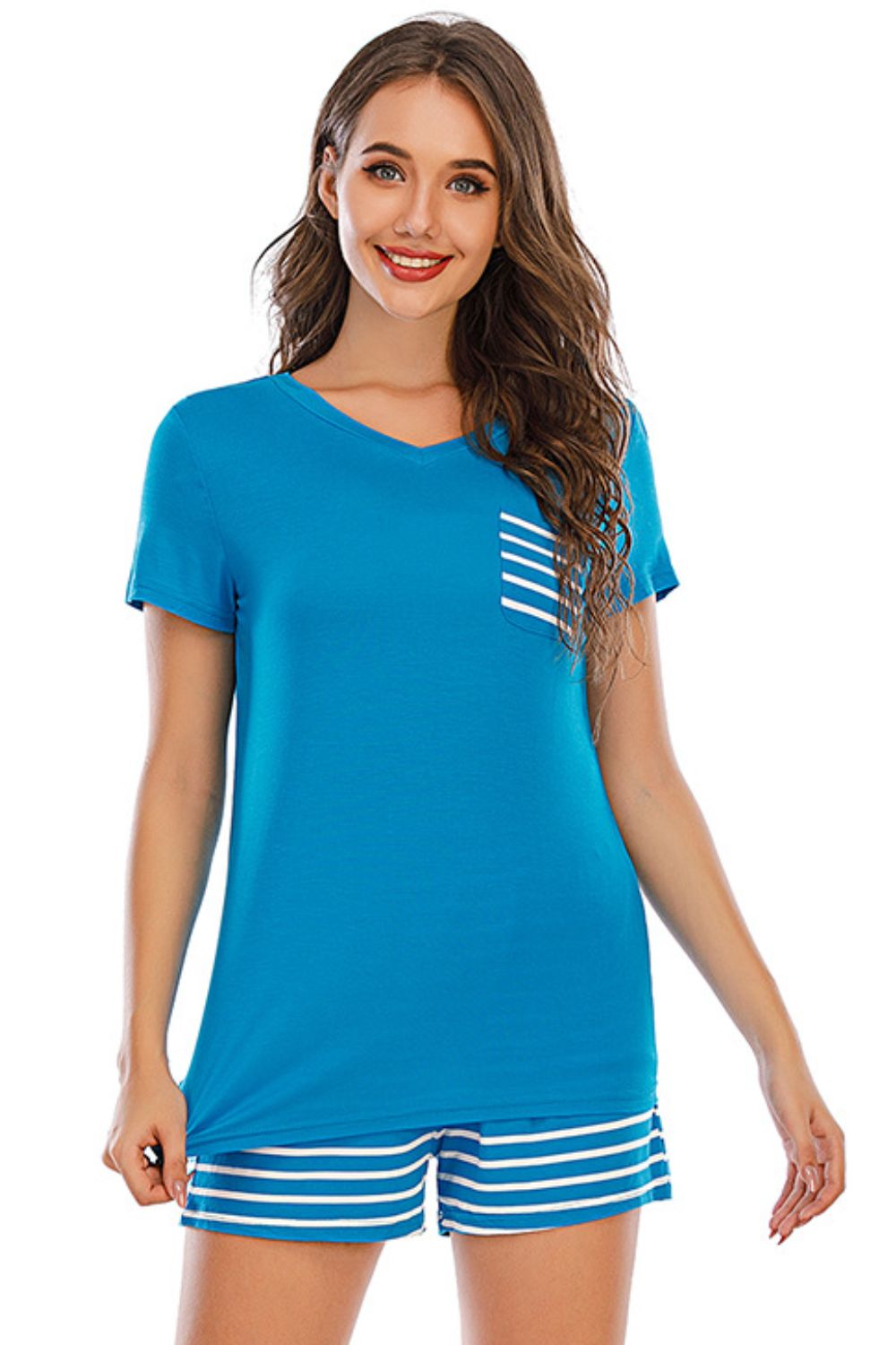 Striped Short Sleeve Top and Shorts Lounge Set, 7 Colors