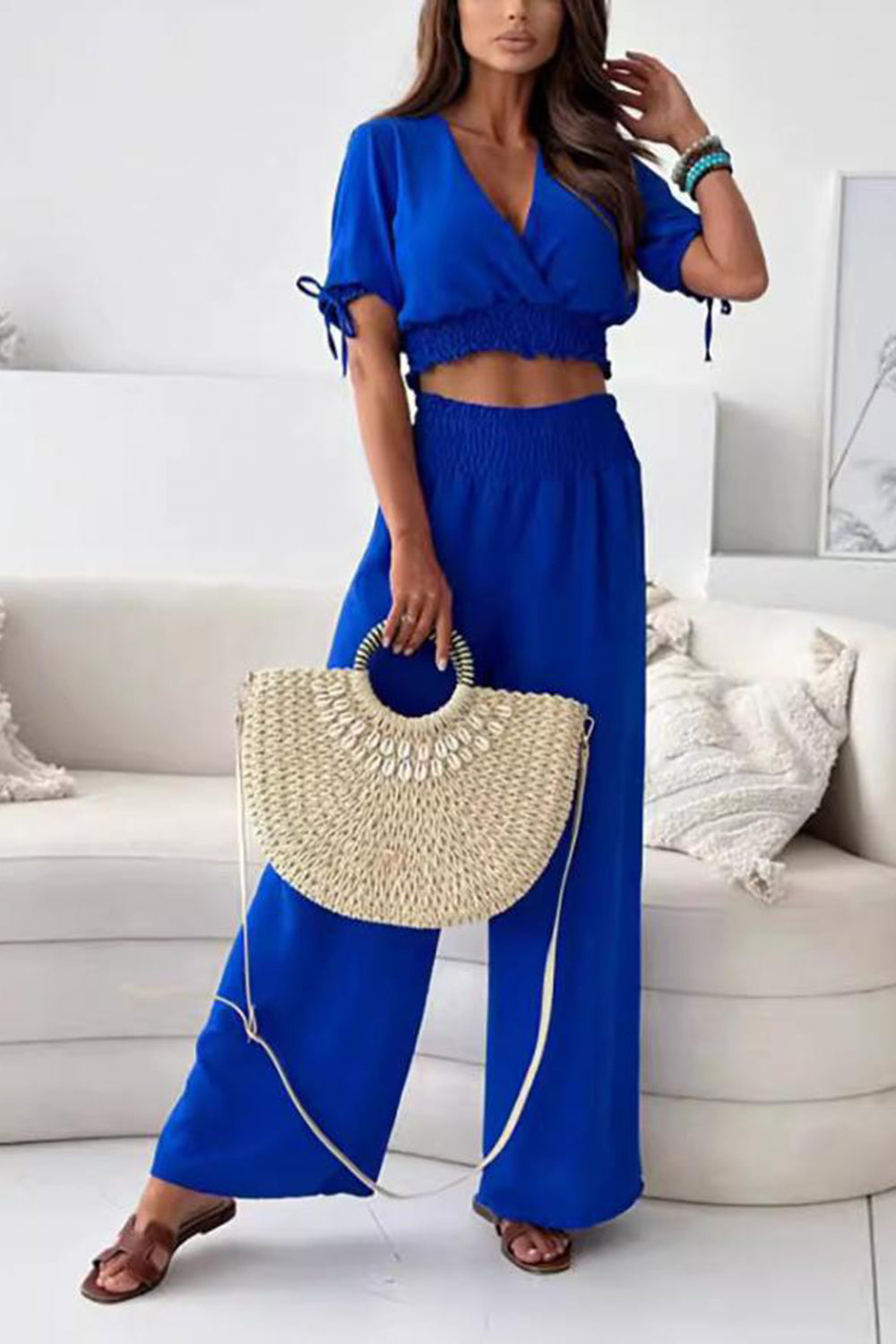 Surplice Short Sleeve Top and Pants Set, 4 Colors