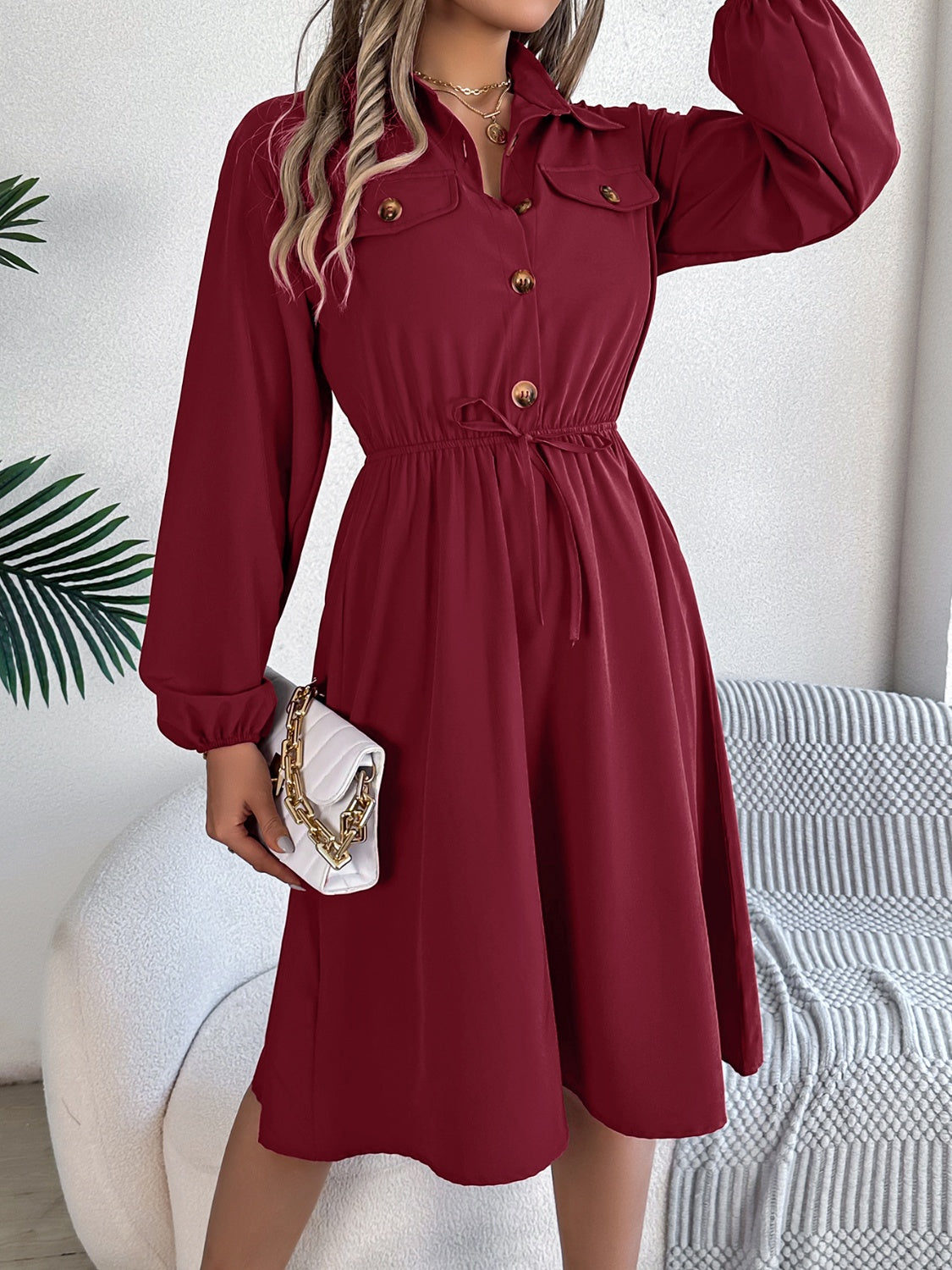 Collared Neck Long Sleeve Dress with Pockets, 5 Colors