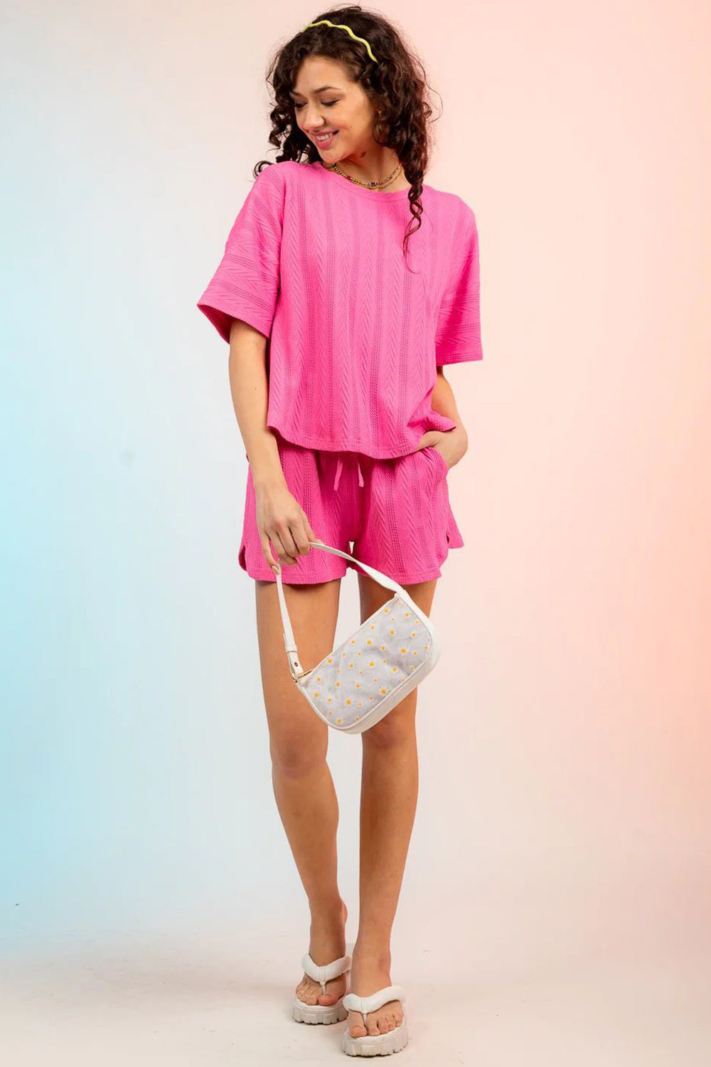 Textured Round Neck Top and Shorts Set, 4 Colors