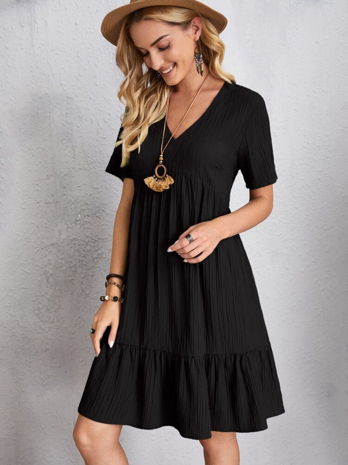 Full Size V-Neck Short Sleeve Dress, 6 Colors