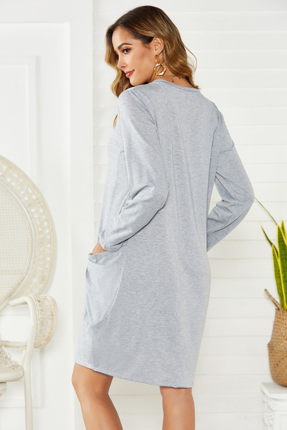 Pocketed Round Neck Long Sleeve Dress, 2 Colors