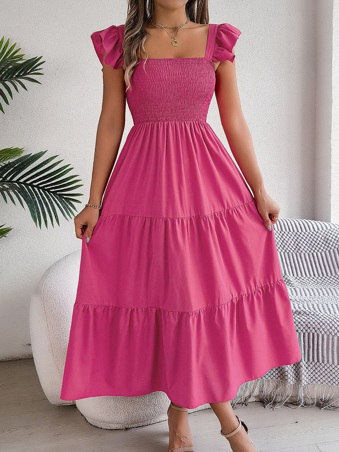 Smocked Square Neck Cap Sleeve Midi Dress, 5 Colors