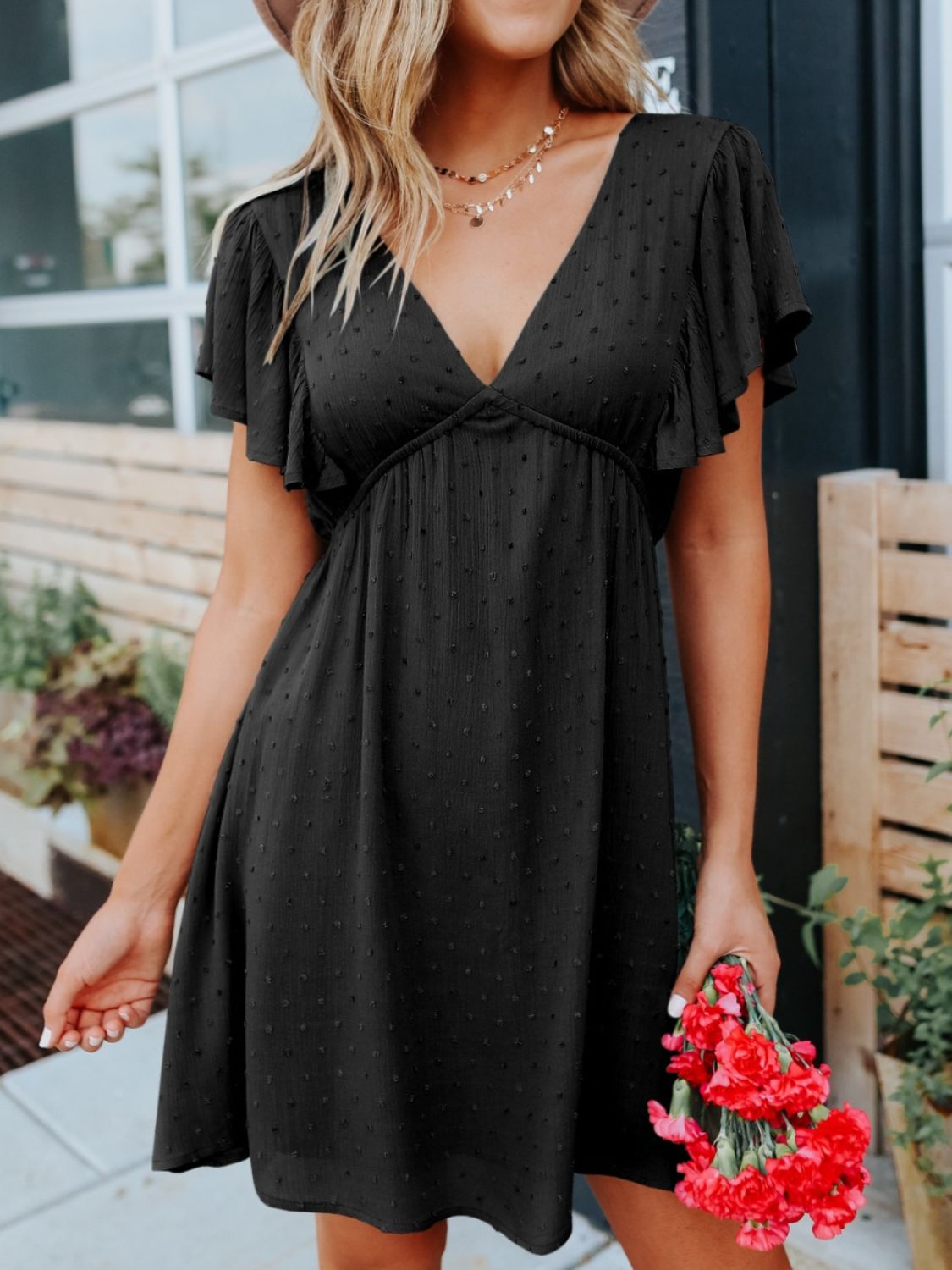 Swiss Dot V-Neck Short Sleeve Dress, 2 Colors
