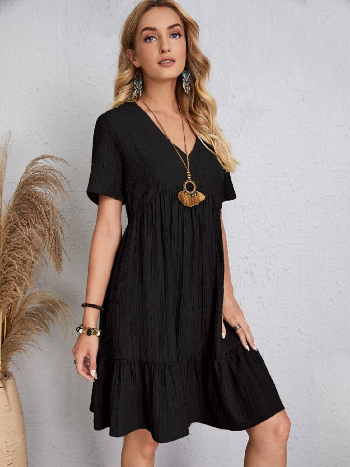 Full Size V-Neck Short Sleeve Dress, 6 Colors