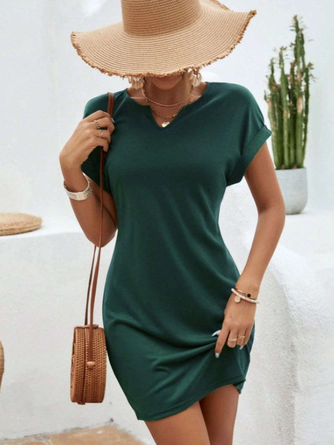 Notched Short Sleeve Mini Tee Dress, 5 Colors