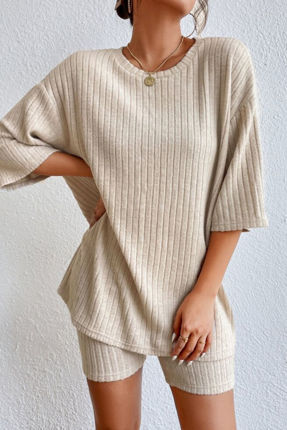 Round Neck Ribbed Top and Shorts Lounge Set, 3 Colors