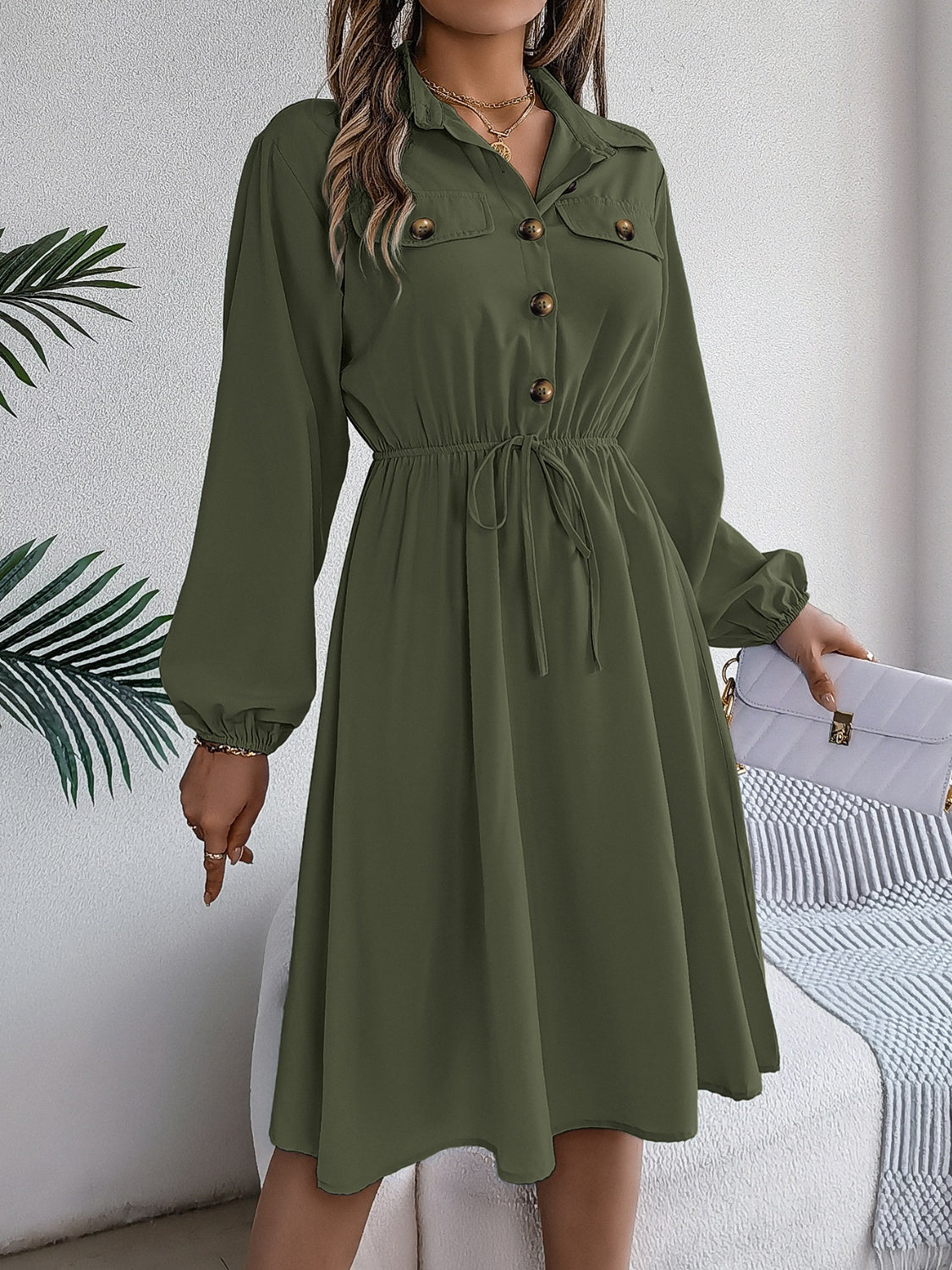 Collared Neck Long Sleeve Dress with Pockets, 5 Colors