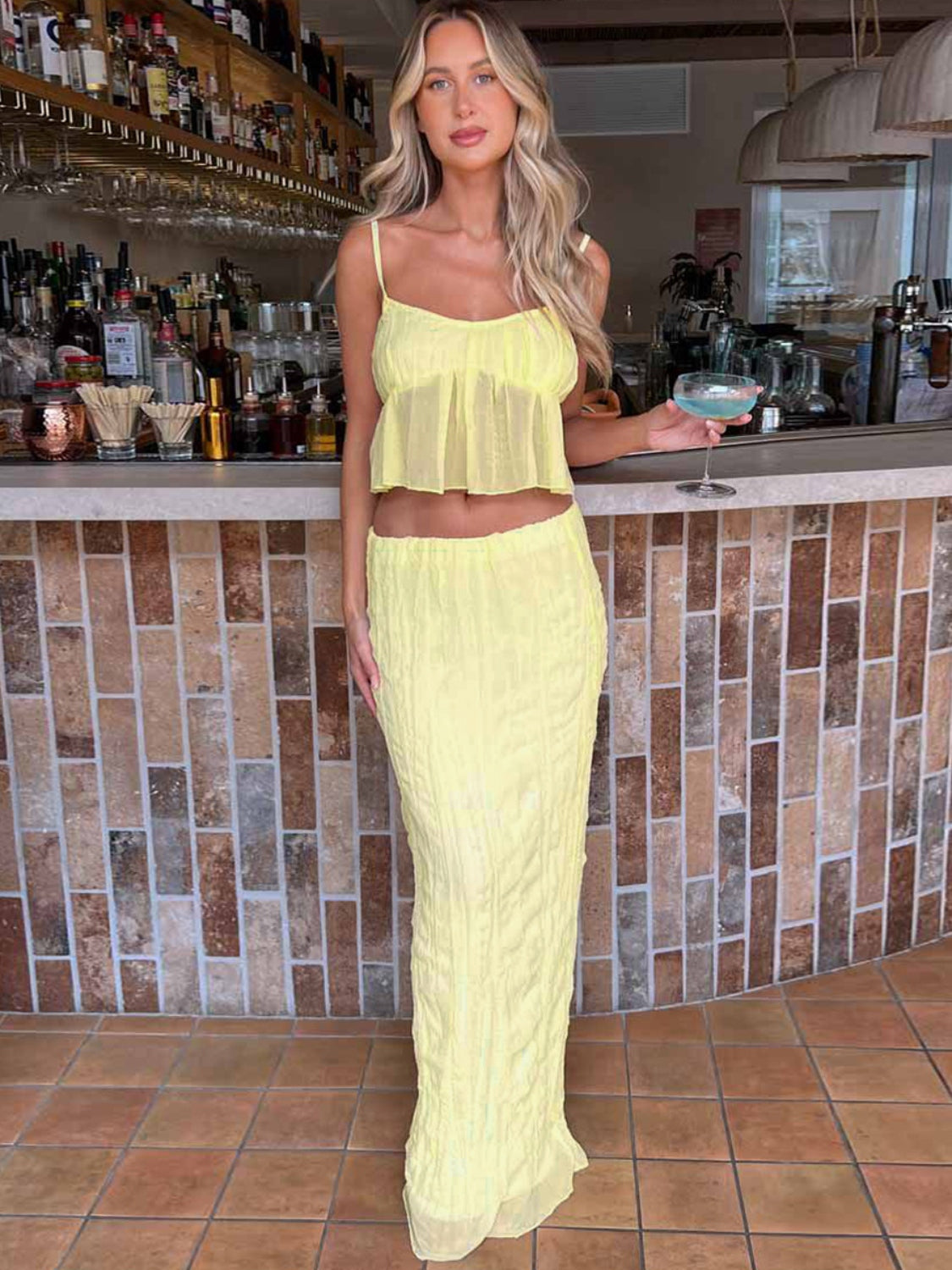Square Neck Sleeveless Top and Ruched Skirt Set, 6 Colors