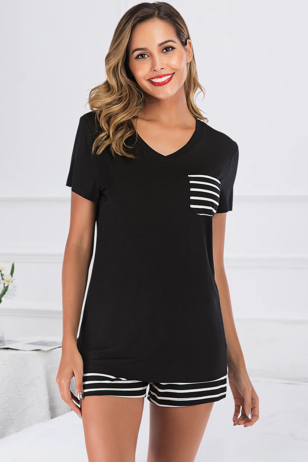 Striped Short Sleeve Top and Shorts Lounge Set, 7 Colors