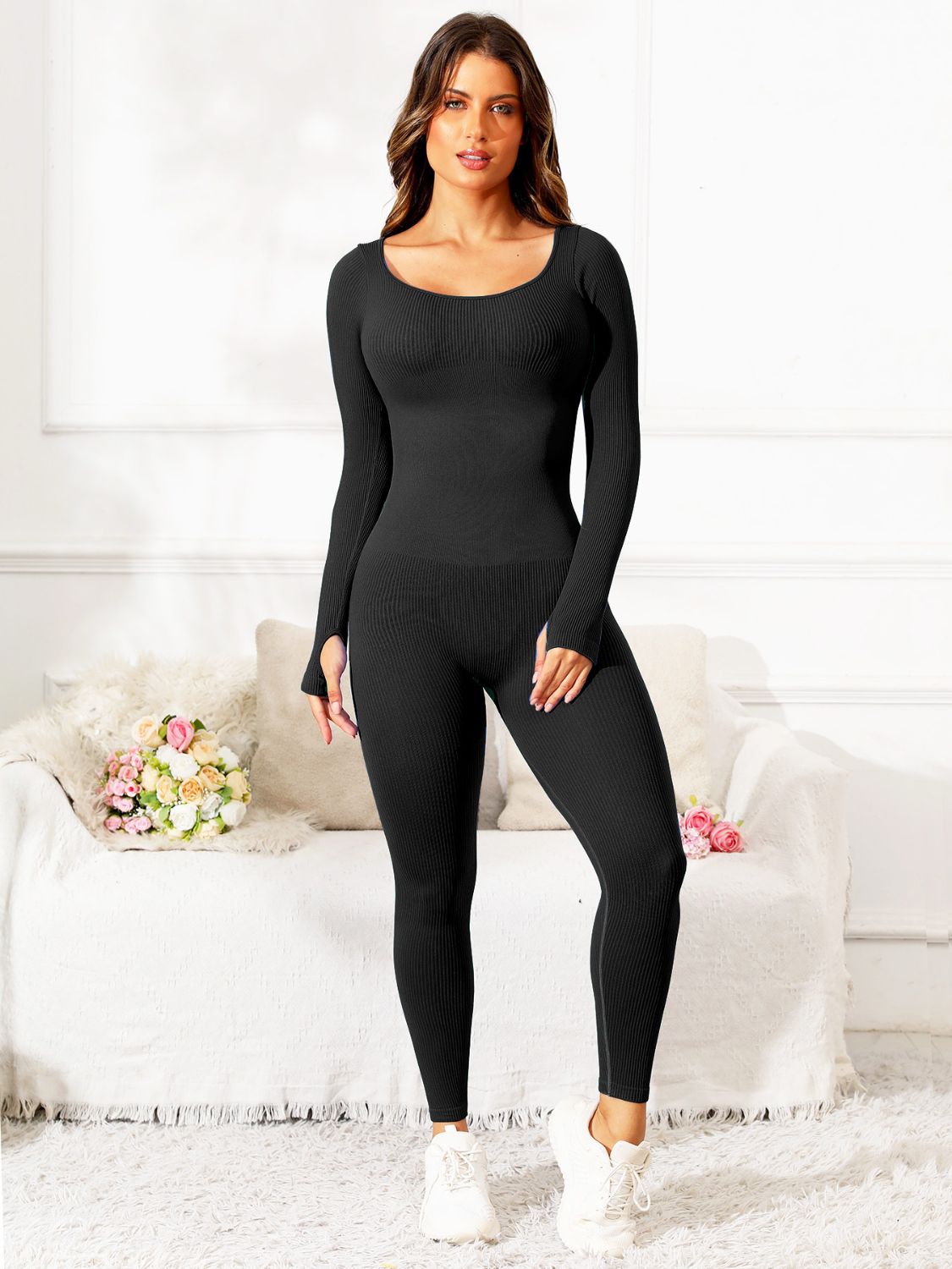 Scoop Neck Long Sleeve Active Jumpsuit, 5 Colors