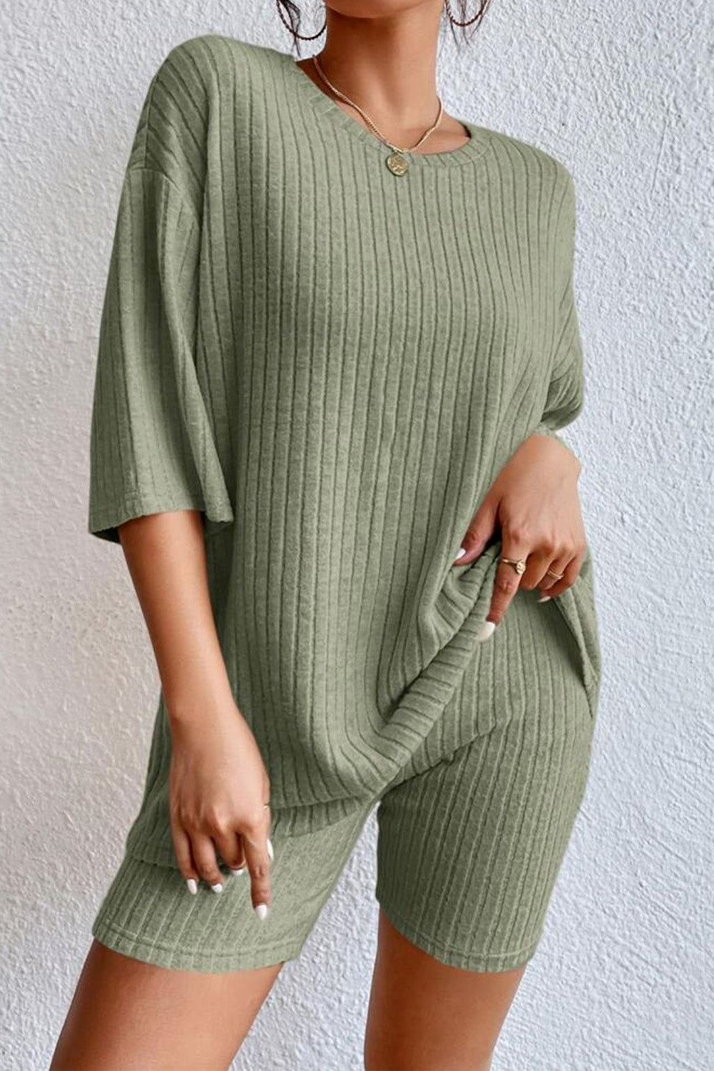 Round Neck Ribbed Top and Shorts Lounge Set, 3 Colors