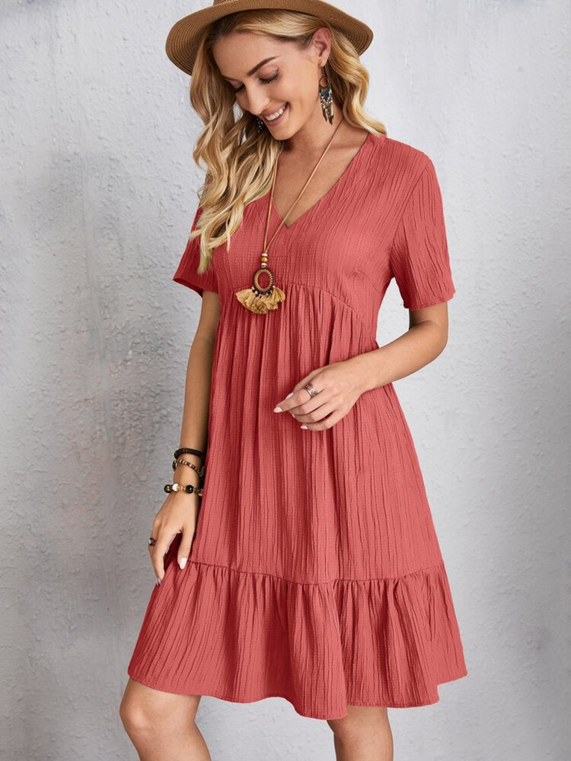 Full Size V-Neck Short Sleeve Dress, 6 Colors