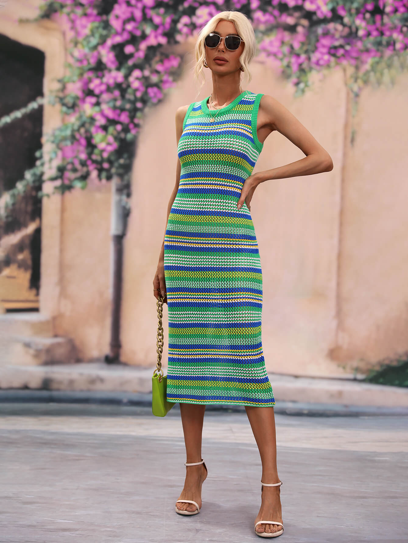 Striped Round Neck Sleeveless Midi Cover Up Dress, 4 Colors
