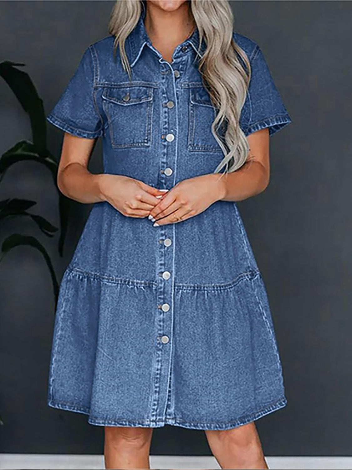 Pocketed Button Up Collared Neck Short Sleeve Denim Dress, 2 Colors