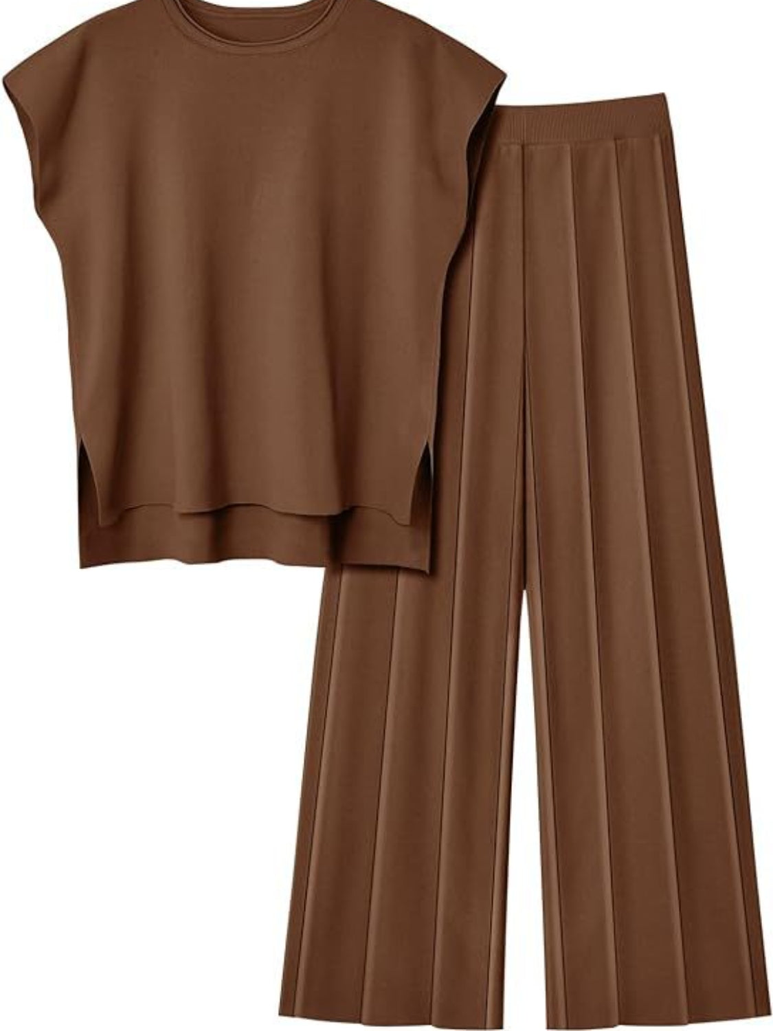 Round Neck Cap Sleeve Top and Pants Knit Set, 8 Colors
