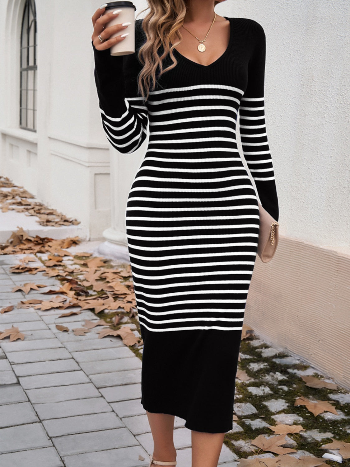 Devine Striped V-Neck Long Sleeve Sweater Dress, 5 Colors
