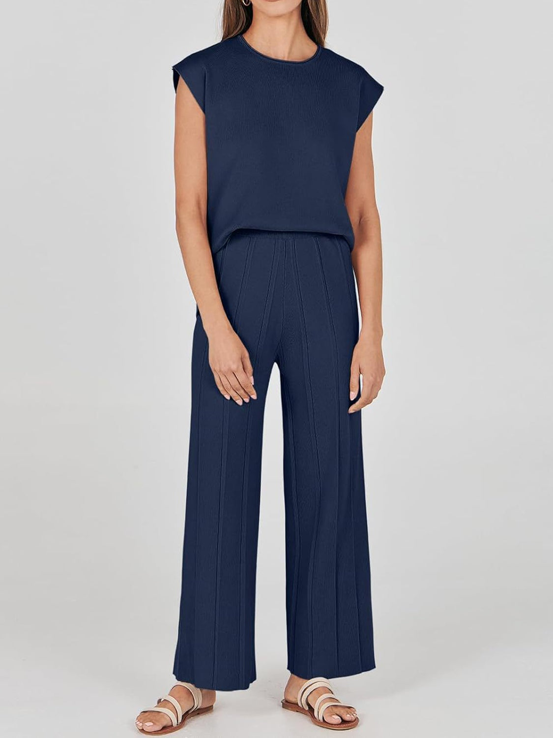 Round Neck Cap Sleeve Top and Pants Knit Set, 8 Colors