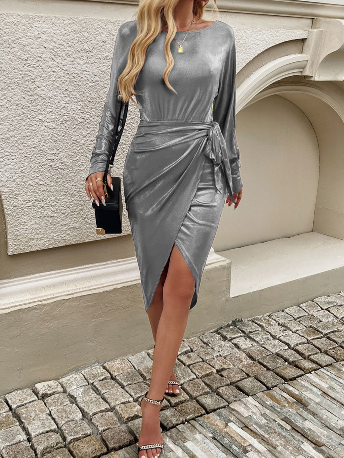 Devine Tied Boat Neck Long Sleeve Dress, 4 Colors