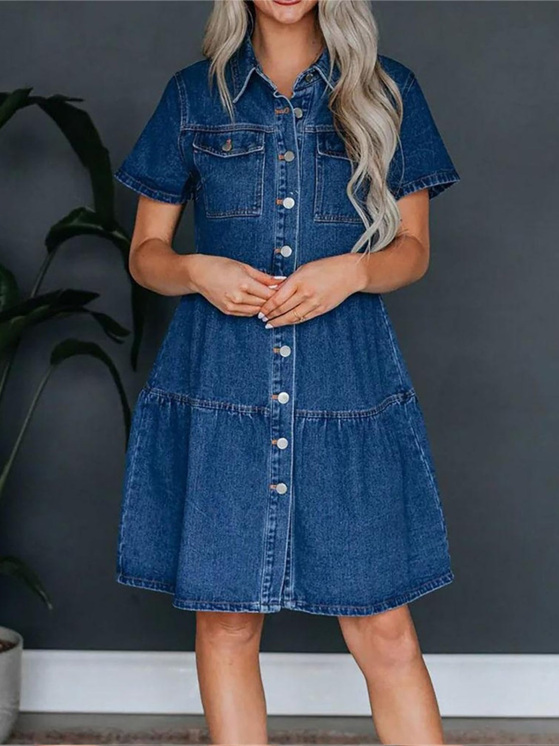 Pocketed Button Up Collared Neck Short Sleeve Denim Dress, 2 Colors