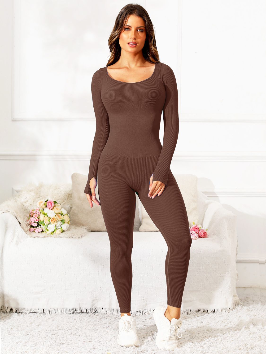 Scoop Neck Long Sleeve Active Jumpsuit, 5 Colors