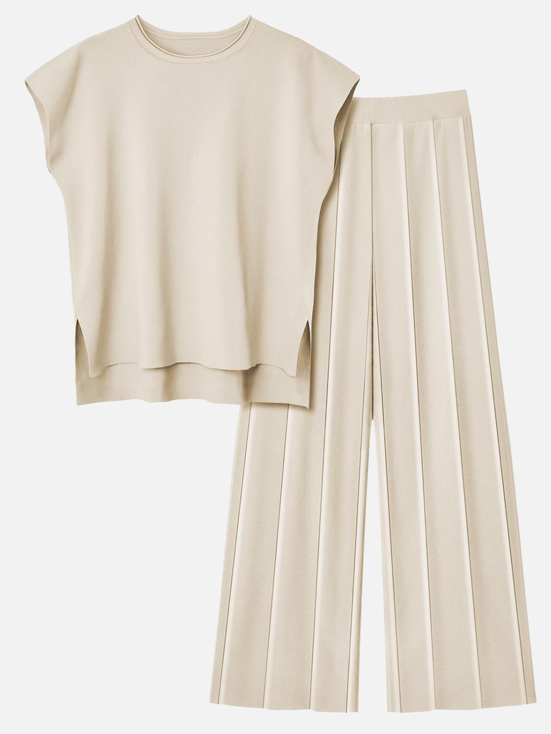 Round Neck Cap Sleeve Top and Pants Knit Set, 8 Colors