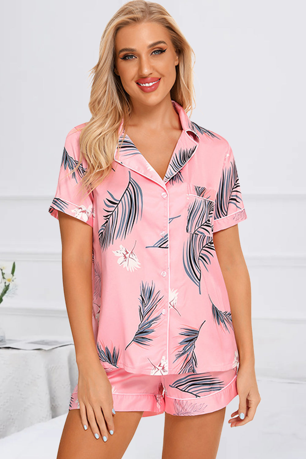 Printed Button Up Short Sleeve Top and Shorts Lounge Set, 10 Colors