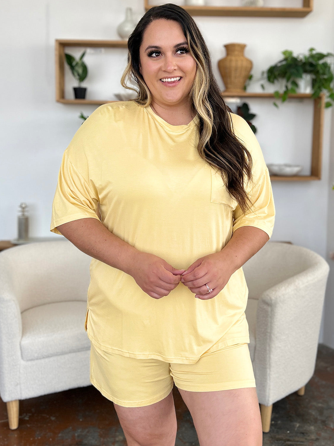 Basic Bae Bamboo Full Size Round Neck Drop Shoulder T-Shirt and Shorts Set, 4 Colors