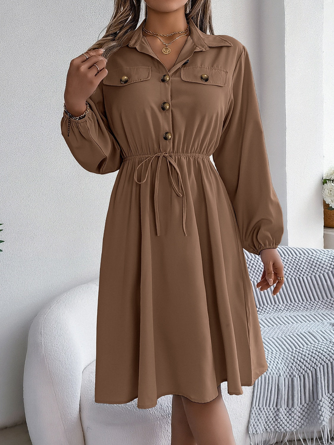 Collared Neck Long Sleeve Dress with Pockets, 5 Colors