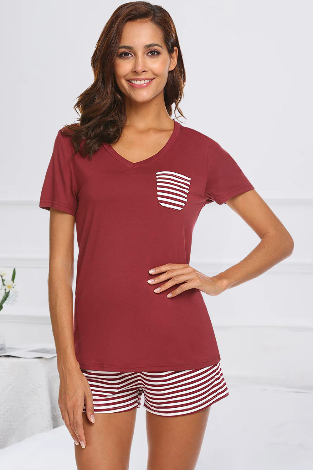 Striped Short Sleeve Top and Shorts Lounge Set, 7 Colors