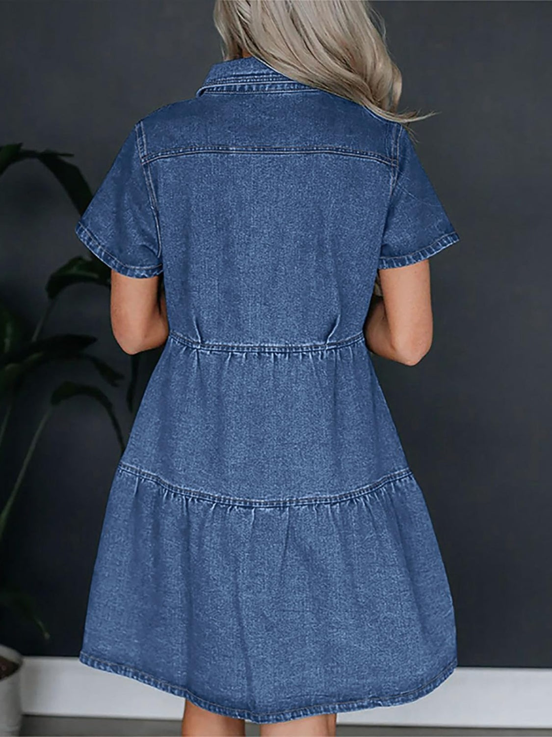 Pocketed Button Up Collared Neck Short Sleeve Denim Dress, 2 Colors