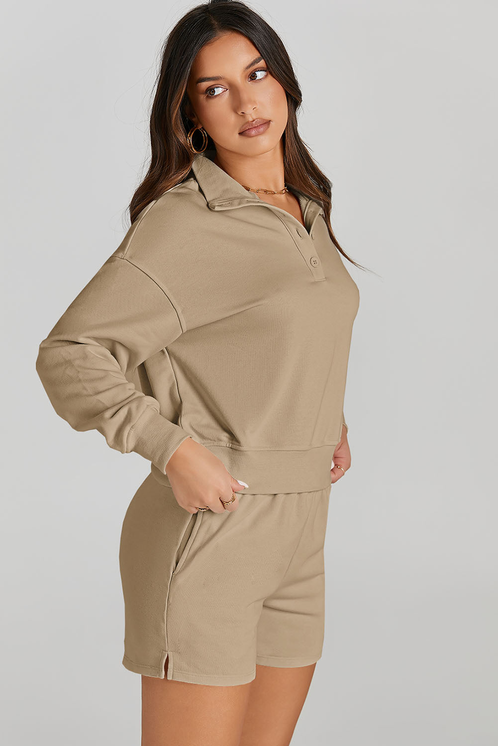 Half Button Sweatshirt and Shorts Active Set, 5 Colors