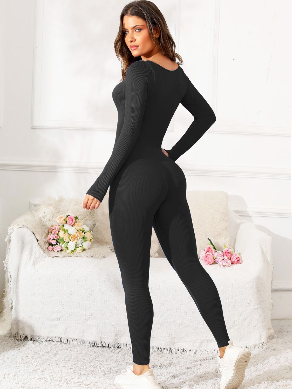 Scoop Neck Long Sleeve Active Jumpsuit, 5 Colors