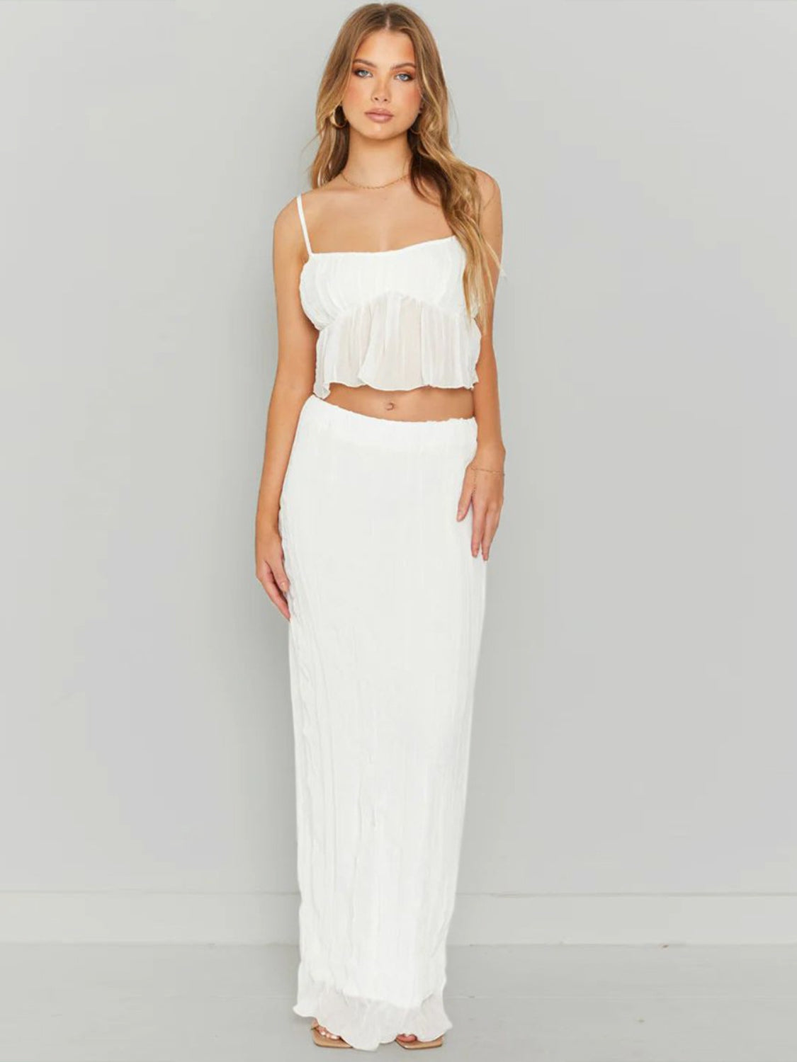 Square Neck Sleeveless Top and Ruched Skirt Set, 6 Colors